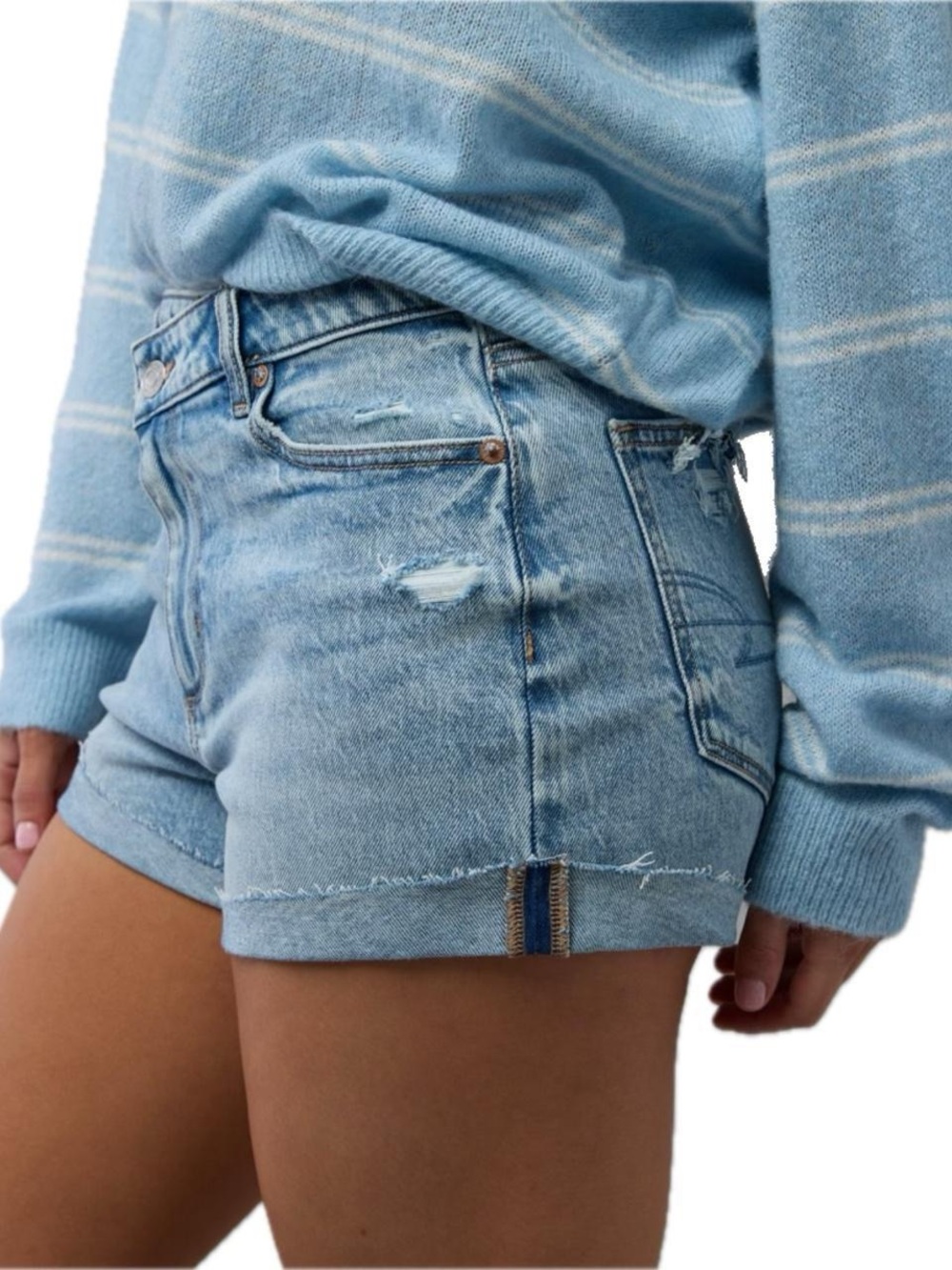 AE Low Rise Distressed Light Wash Denim Ripped Shorts, Size 10